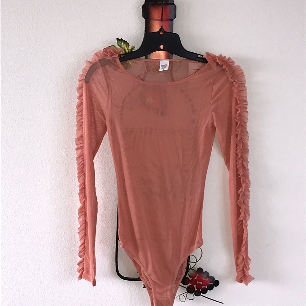Long Sleeve  Sheer Bodysuit With Ruffle